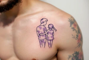 A fine-line tattoo of a father and daughter embracing, filled with soft lavender and blush tones. tattoo idea