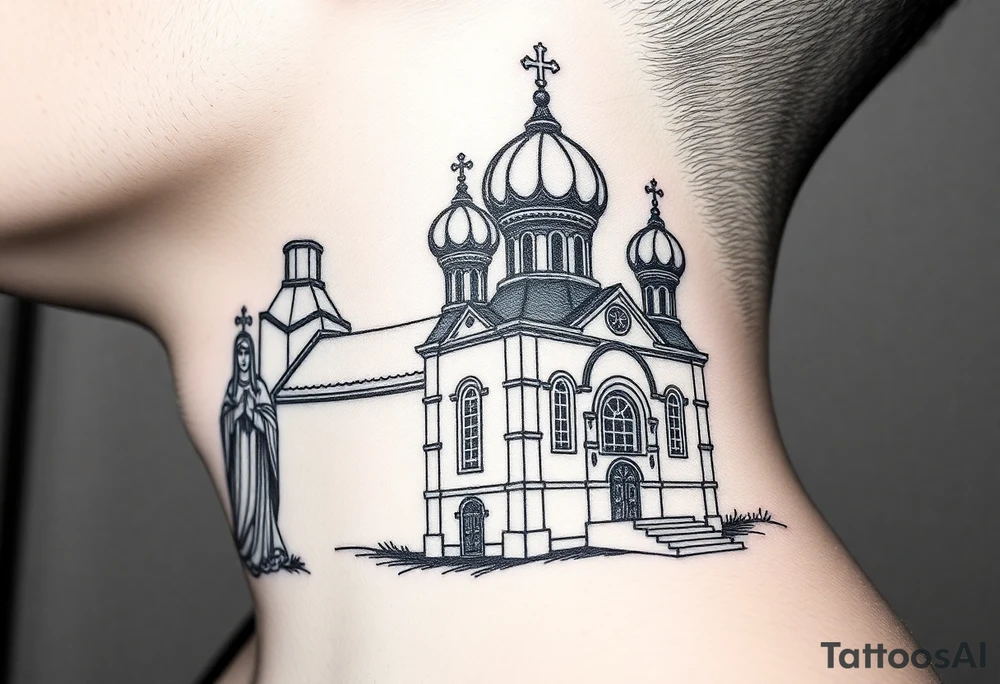 medium sized Russian orthodox church with bulb domes with a prominent russian orthodox style virgin mary stood outside to the left tattoo idea