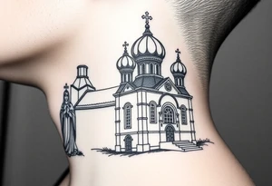 medium sized Russian orthodox church with bulb domes with a prominent russian orthodox style virgin mary stood outside to the left tattoo idea