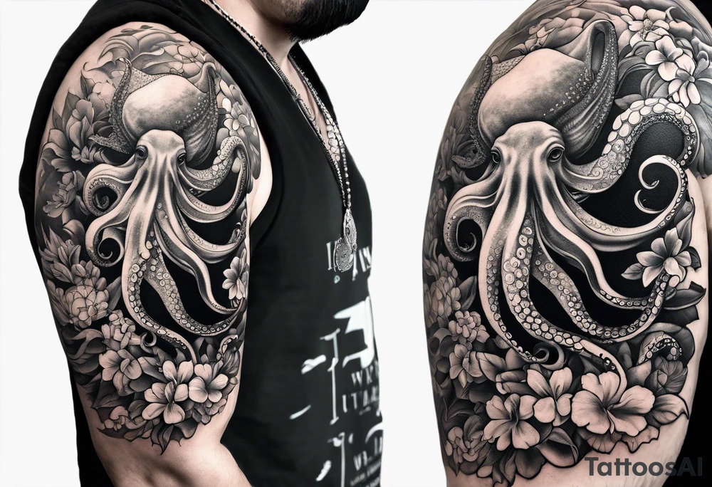 Half sleeve with octopus and humpback whale on arm with Hawaiian flowers tattoo idea