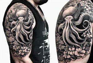 Half sleeve with octopus and humpback whale on arm with Hawaiian flowers tattoo idea