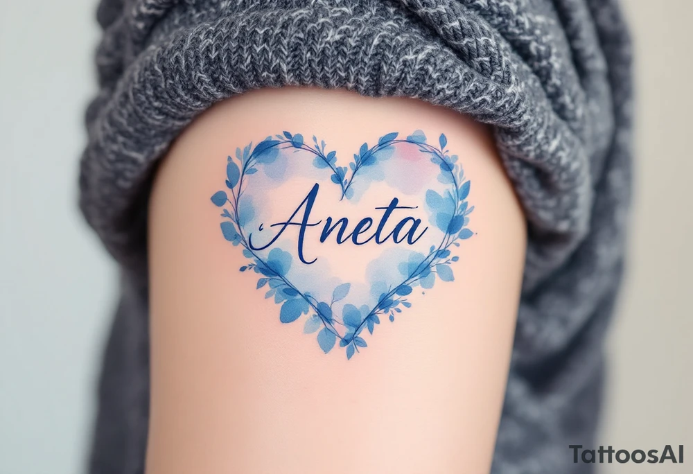 A watercolor-style heart in pastel blue with Aneta written in elegant lettering. tattoo idea