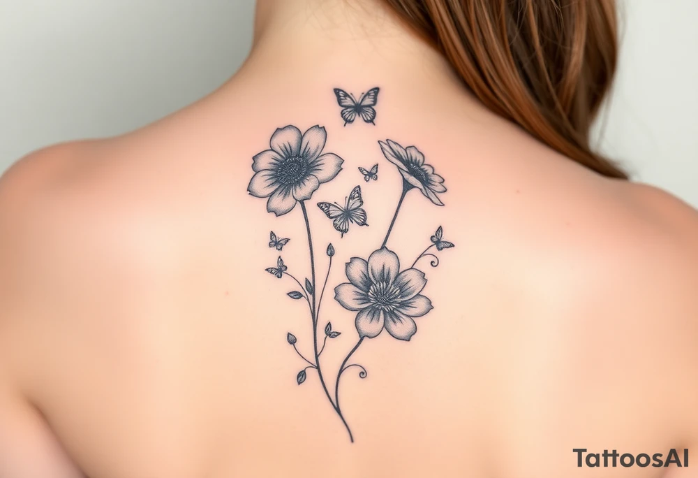 4 flowers vertical with small butterflies and swirls tattoo idea