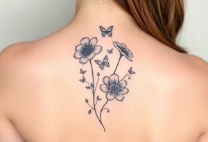 4 flowers vertical with small butterflies and swirls tattoo idea