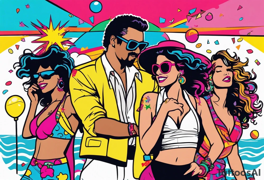 1980's miami vice style beach dance 
party, include confetti, music notes, boom box, bikinis tattoo idea