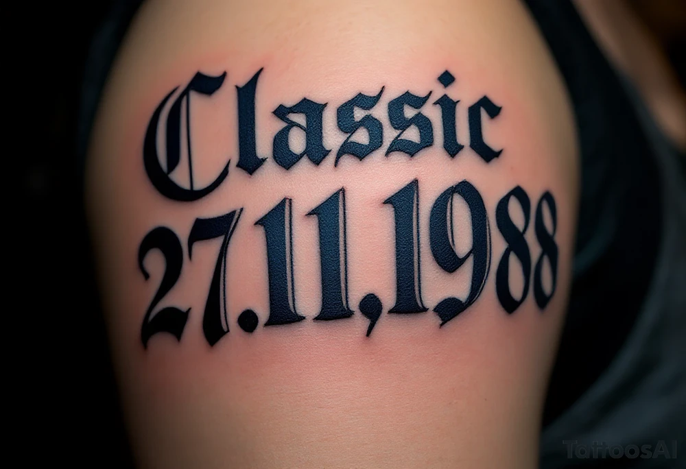 Classic 27.11.1988 carved in Roman numerals with deep navy blue shadows. tattoo idea