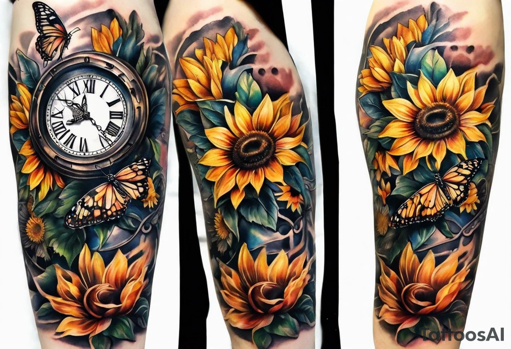 Sleeve with clock, sunflower and butterfly tattoo idea