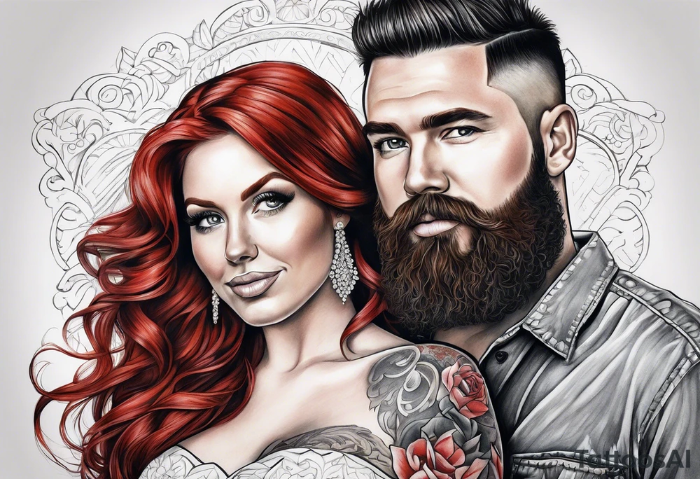 Busty red haired woman with a bearded man who has black hair getting married tattoo idea