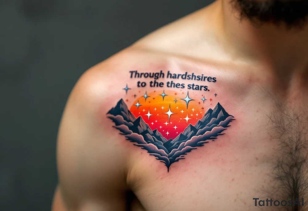 Inked in a burning gradient from red to orange, the quote “Through hardships to the stars” rises over storm clouds into twinkling silver stars. tattoo idea