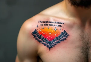 Inked in a burning gradient from red to orange, the quote “Through hardships to the stars” rises over storm clouds into twinkling silver stars. tattoo idea