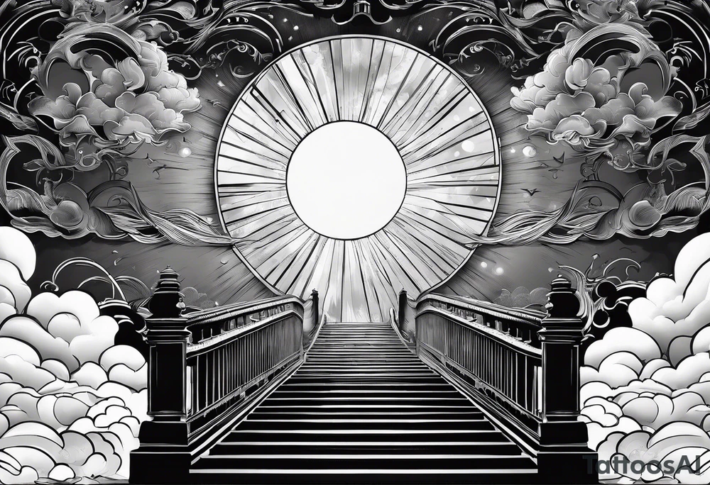 Staircase that leads through the clouds to heaven and ends at the gates of heaven. At the end there is a bright light tattoo idea