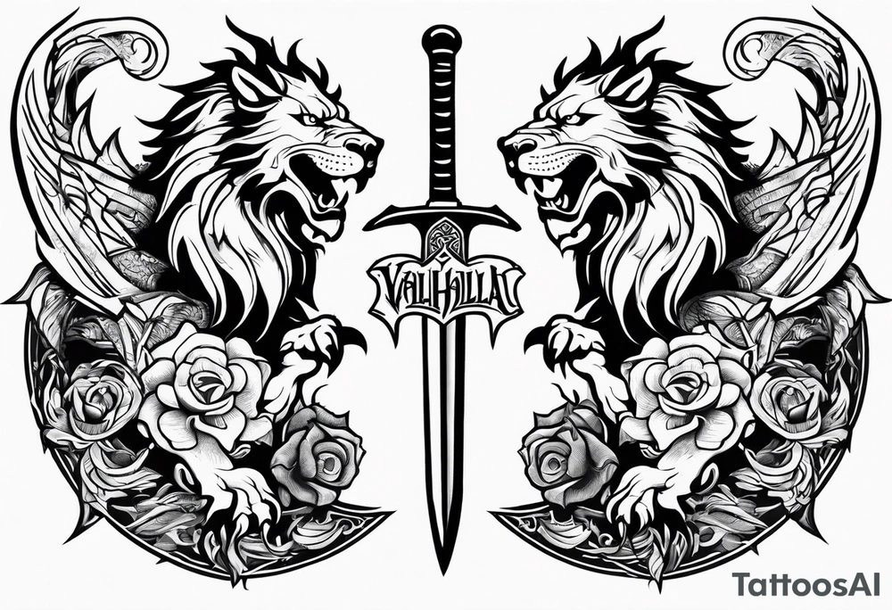 Valhalla sword shield dragon lion tattoo idea