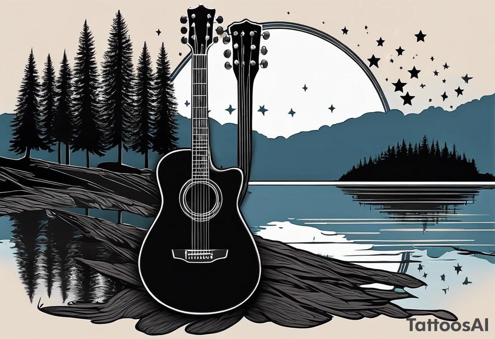 sideways black acoustic guitar made out of trees on one side with a reflection in a lake on the other side at night with a star and prayer hands on the body. tattoo idea