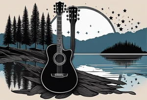 sideways black acoustic guitar made out of trees on one side with a reflection in a lake on the other side at night with a star and prayer hands on the body. tattoo idea