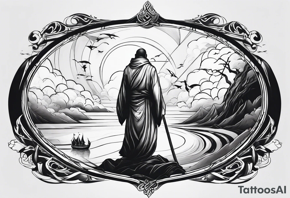 it is included a wind of egale and the end of it a bad which is contain birth -monk- death- heaven tattoo idea