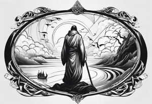 it is included a wind of egale and the end of it a bad which is contain birth -monk- death- heaven tattoo idea