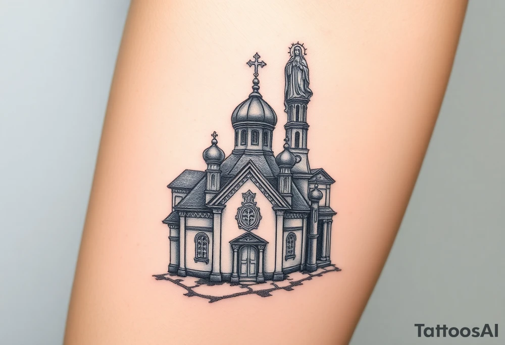 in a dorsal view a detailed orthodox church shrouded with a mist above and fading into a virgin mary overlooking above at the top tattoo idea