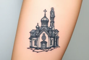 in a dorsal view a detailed orthodox church shrouded with a mist above and fading into a virgin mary overlooking above at the top tattoo idea
