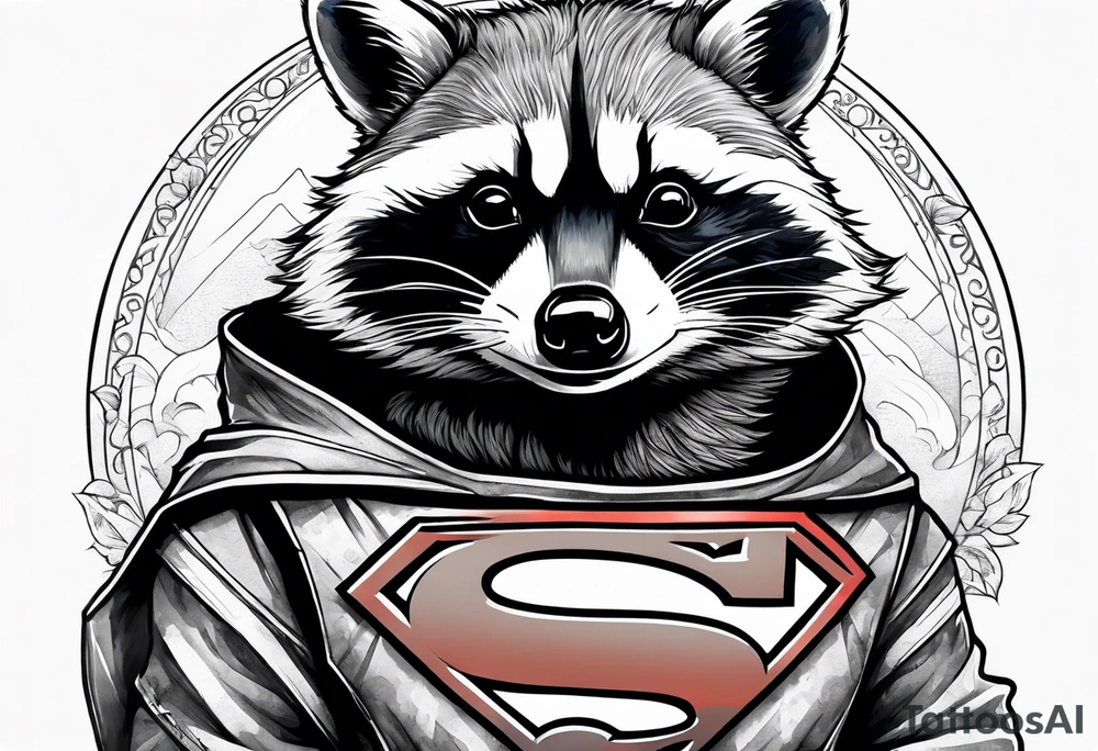 raccoon wearing a Superman hoodie tattoo idea