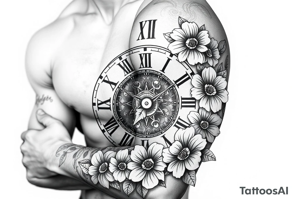 vintage roman numerals within ornate clockwork mechanism, with name spaces, flowers tattoo idea