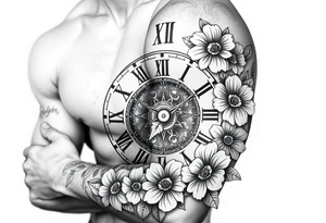 vintage roman numerals within ornate clockwork mechanism, with name spaces, flowers tattoo idea