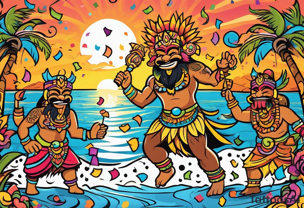 dancing tiki gods dance party on the beach with a sunset in the center of the image with confetti and music notes and tattoo idea