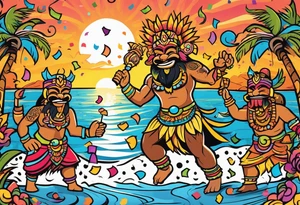 dancing tiki gods dance party on the beach with a sunset in the center of the image with confetti and music notes and tattoo idea