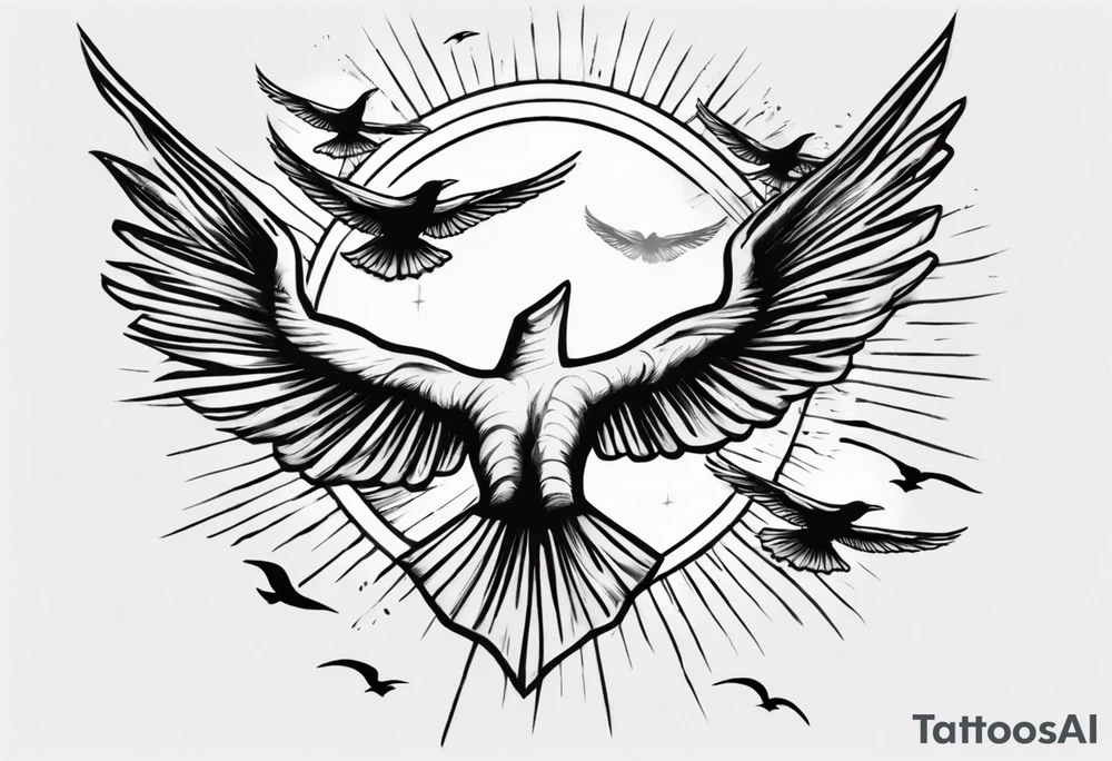 a shoulder tattoo with rays of light, clouds and birds flying free tattoo idea a shoulder tattoo with rays of light, clouds and birds flying free tattoo idea