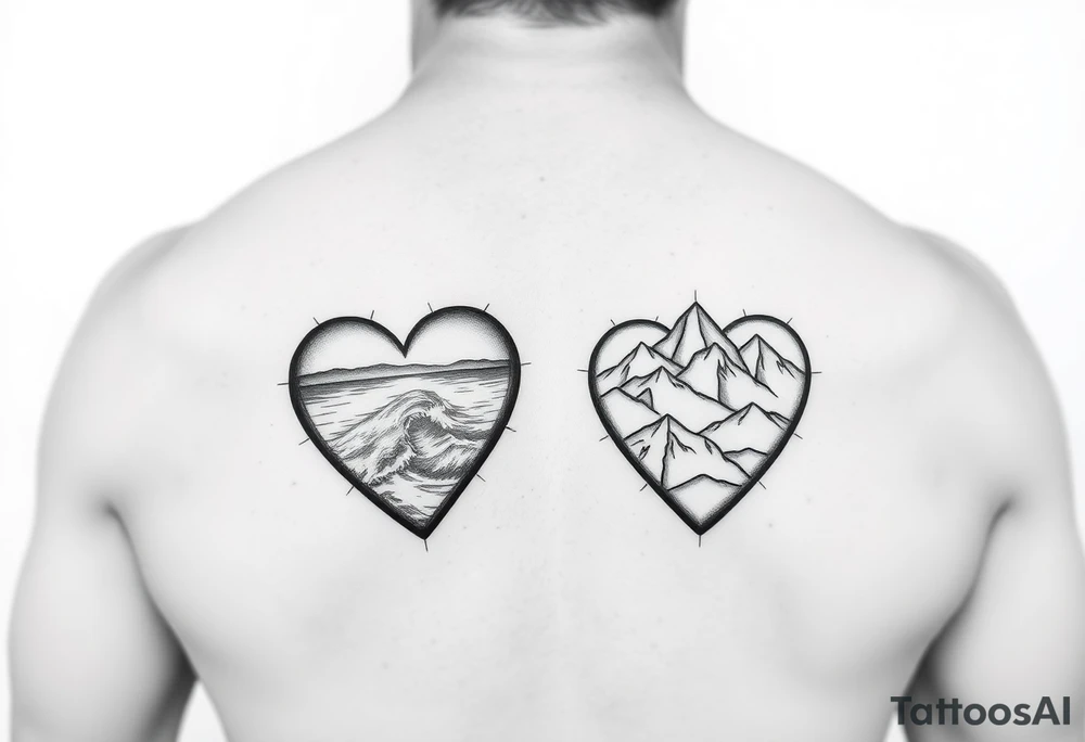 Two of the same hearts one containing an ocean and one containing mountains tattoo idea Two of the same hearts one containing an ocean and one containing mountains tattoo idea