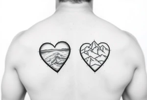 Two of the same hearts one containing an ocean and one containing mountains tattoo idea