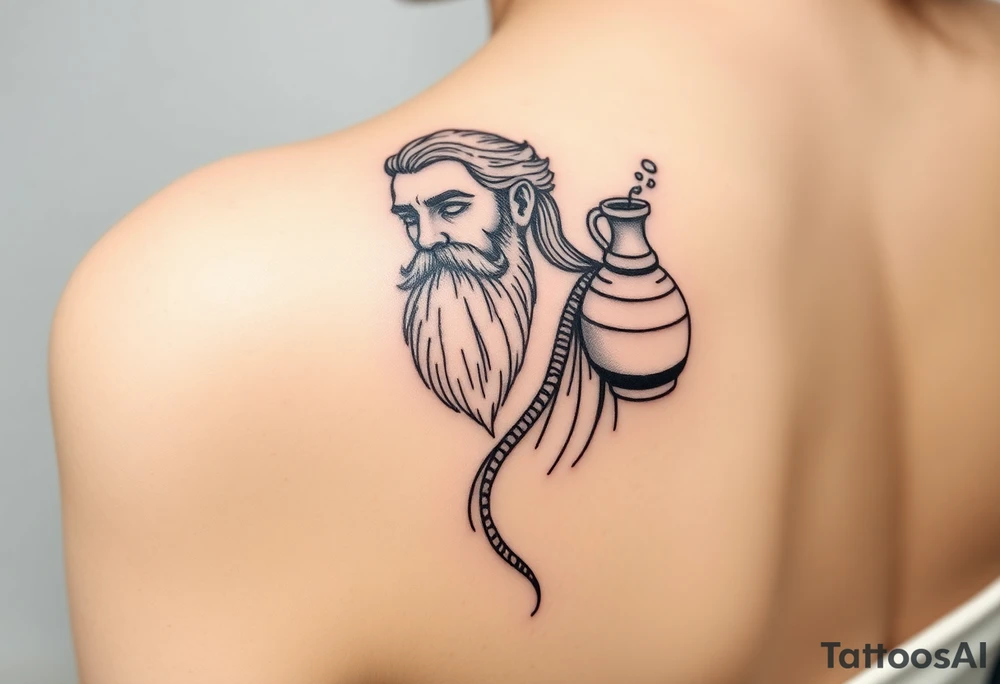 a big piece,The sign of the aquarian version human man almost resembling a god, with beard, with a jar on his shoulder with water coming out of it tattoo idea