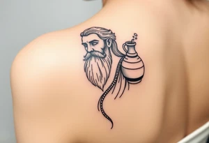 a big piece,The sign of the aquarian version human man almost resembling a god, with beard, with a jar on his shoulder with water coming out of it tattoo idea