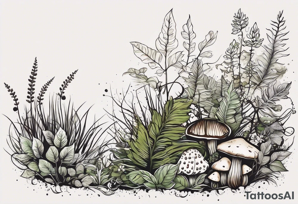 minimalistic forest floor inspired tattoo, which includes grass, moss, curly ferns and dead leaves as the bulk of the tattoo. details to include: forest berries, couple of very small brown mushrooms, a tiny bumblebee flying nearby tattoo idea
