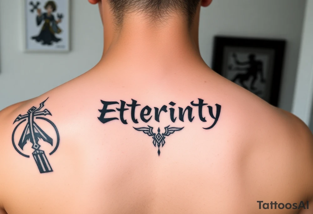 Eternity in
 font Japanese style going down on neck tattoo idea