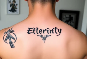 Eternity in
 font Japanese style going down on neck tattoo idea