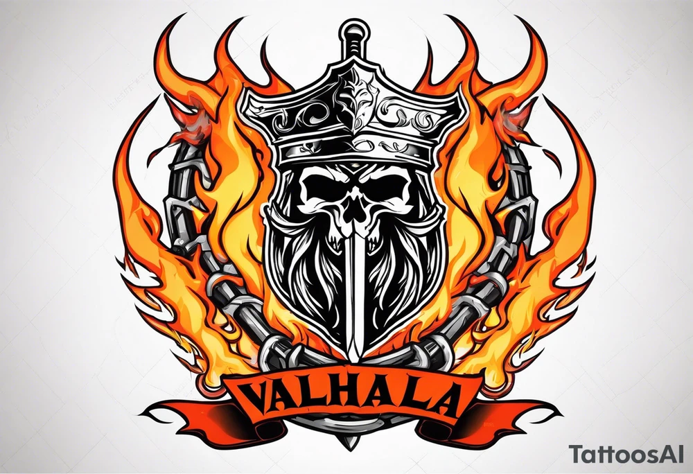 Valhalla on fire
flames sword shield barb wire tattoo idea