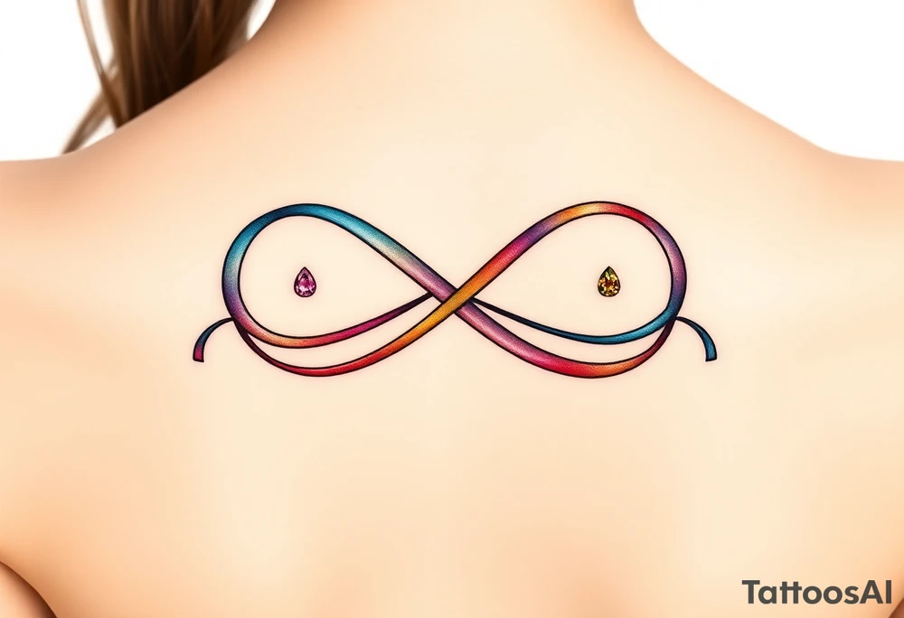 an infinity symbol with 5 colors of ribbons 3 march birthstone color, 1 october birthstone color, and 1 july birthstone color tattoo idea