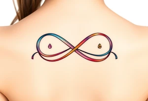 an infinity symbol with 5 colors of ribbons 3 march birthstone color, 1 october birthstone color, and 1 july birthstone color tattoo idea