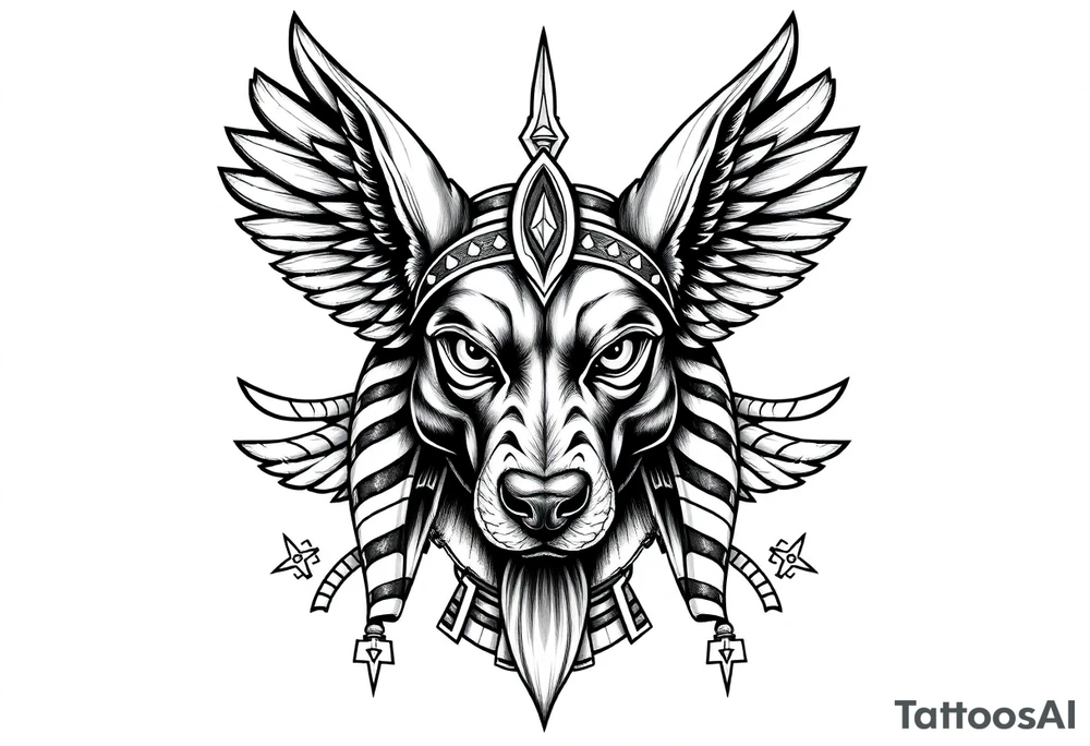 Egyptian Anubis god face muscle in Egypt style  with mantle on head with empty eyes 

dog face surrounded Egyptian symbols based on elements tattoo idea