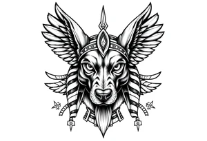 Egyptian Anubis god face muscle in Egypt style  with mantle on head with empty eyes 

dog face surrounded Egyptian symbols based on elements tattoo idea