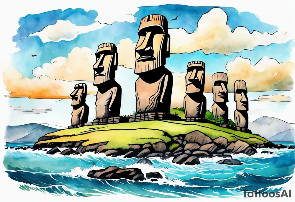For Easter island heads on an island landscape with hawks circling above tattoo idea