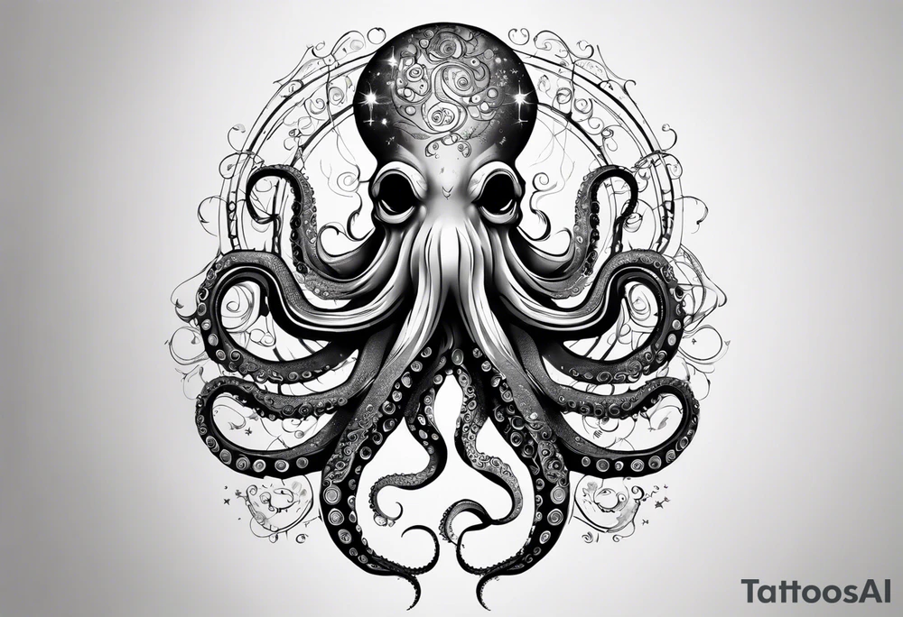 An octopus blended with celestial elements, such as stars and planets integrated into its tentacles. This can symbolize the octopus's reach and influence, connecting it to a broader universe. tattoo idea