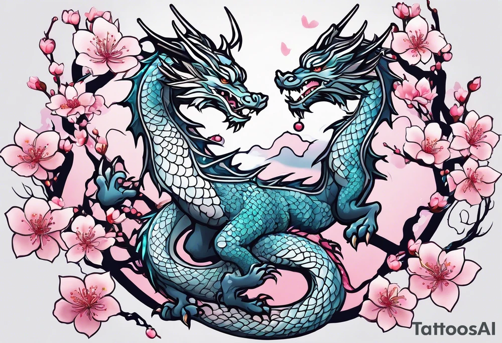 Delicate feminine simple dragon intertwined in cherry blossom, soft lines, soft dragon, pleasant dragon, beautiful cherry blossom tattoo idea