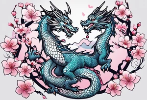 Delicate feminine simple dragon intertwined in cherry blossom, soft lines, soft dragon, pleasant dragon, beautiful cherry blossom tattoo idea