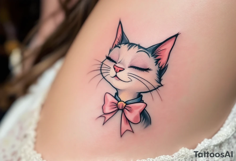 A delicate pastel tattoo of Marie with pink bow under neck from The Aristocats adds a touch of feline elegance. tattoo idea