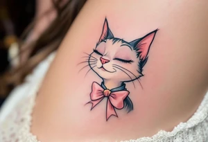 A delicate pastel tattoo of Marie with pink bow under neck from The Aristocats adds a touch of feline elegance. tattoo idea