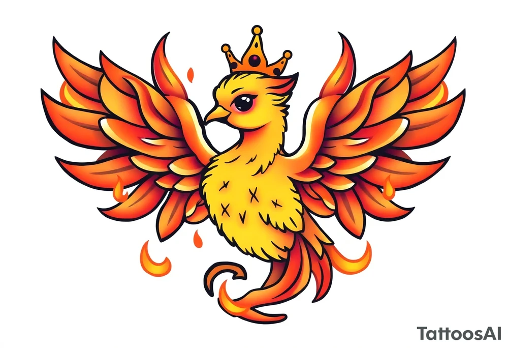 cute cartoon Phoenix with crown, surrounded by flames tattoo idea