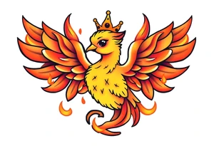 cute cartoon Phoenix with crown, surrounded by flames tattoo idea