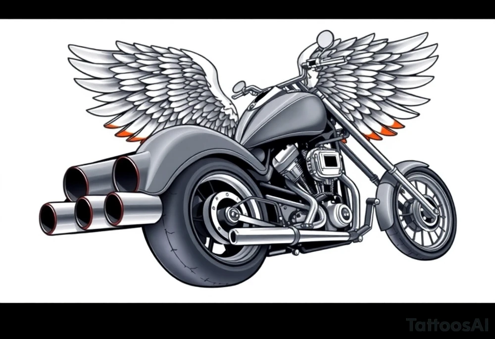 Low rider grey motorcycle, big muffler pipes with flames, angel wings, driving away, no person tattoo idea