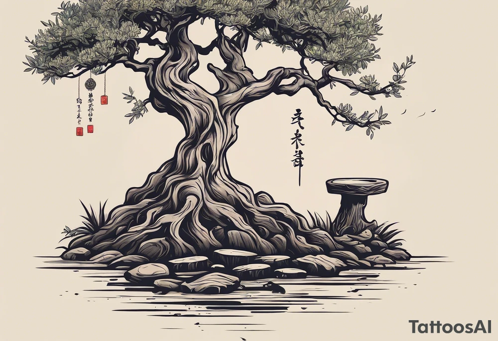 And olive tree with exposed roots, writing out “patience” in Korean, next to a tree stump with exposed rings, and a small Poppy flower growing out of the ground tattoo idea